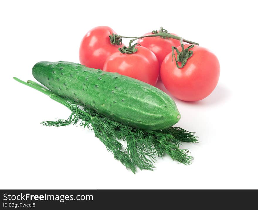 Ripe red tomatoes with dill and cucumber on a white background. Ripe red tomatoes with dill and cucumber on a white background