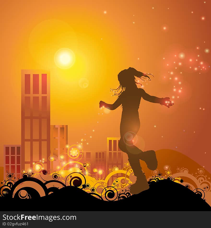 Illustration of a girl playing with lights in sunset. Illustration of a girl playing with lights in sunset