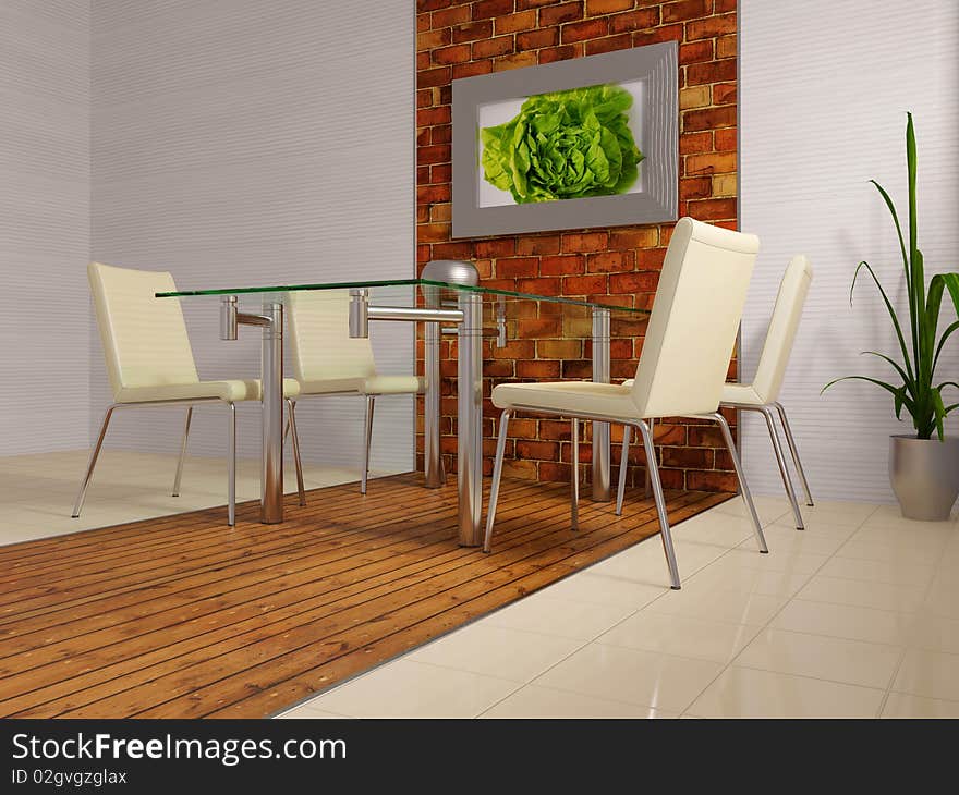 Modern kitchen with glass table and white chair