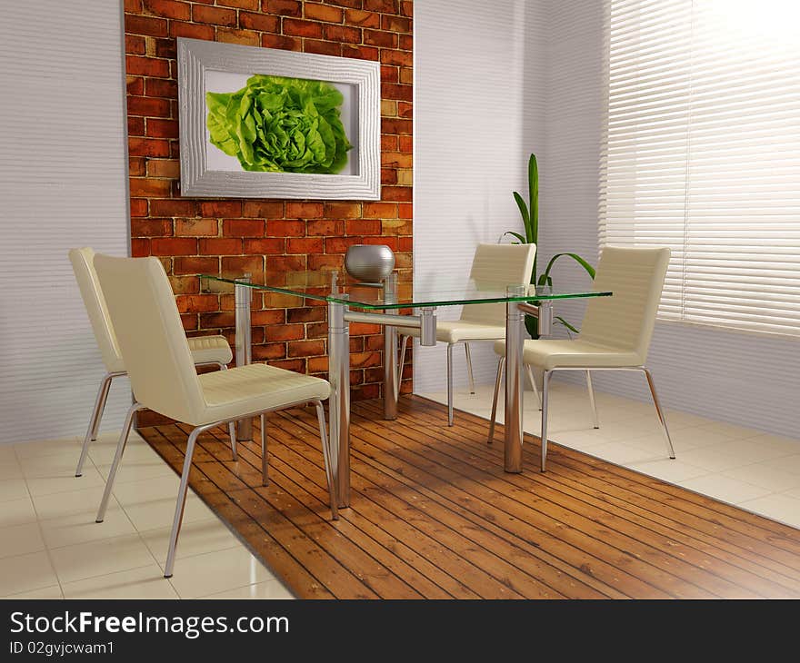 Modern kitchen with glass table and white chair