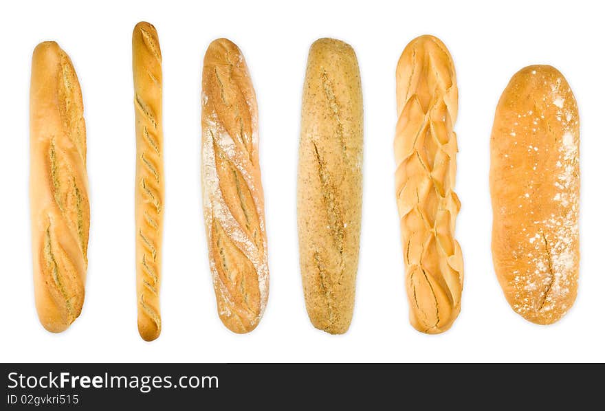 Group baguettes isolated on white . Different varieties. Top view panoramic