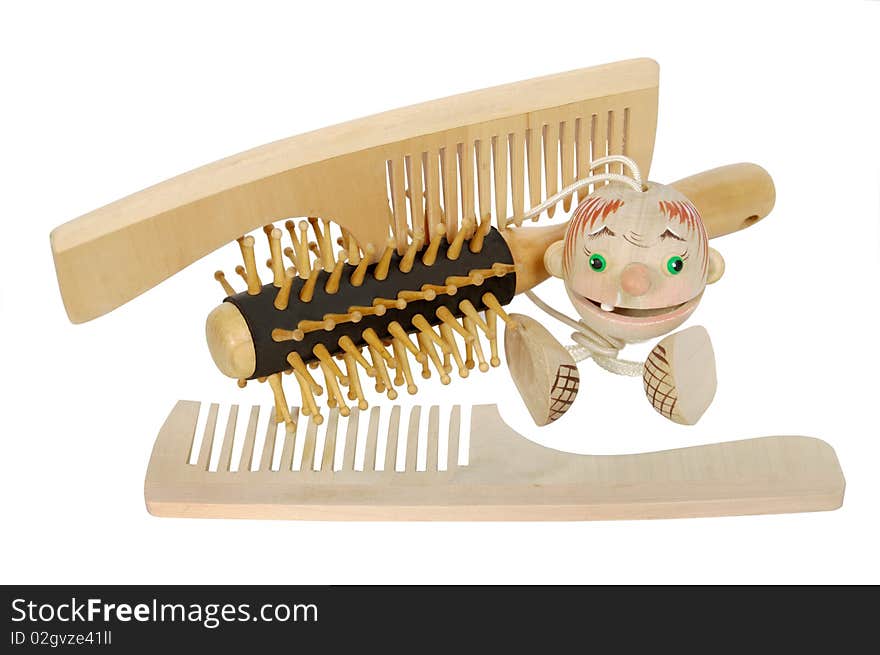 Wooden hairbrushes on a white background