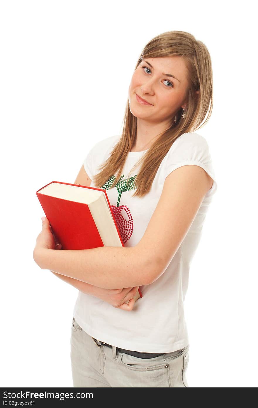 The young beautiful student with the book isolated on a white background