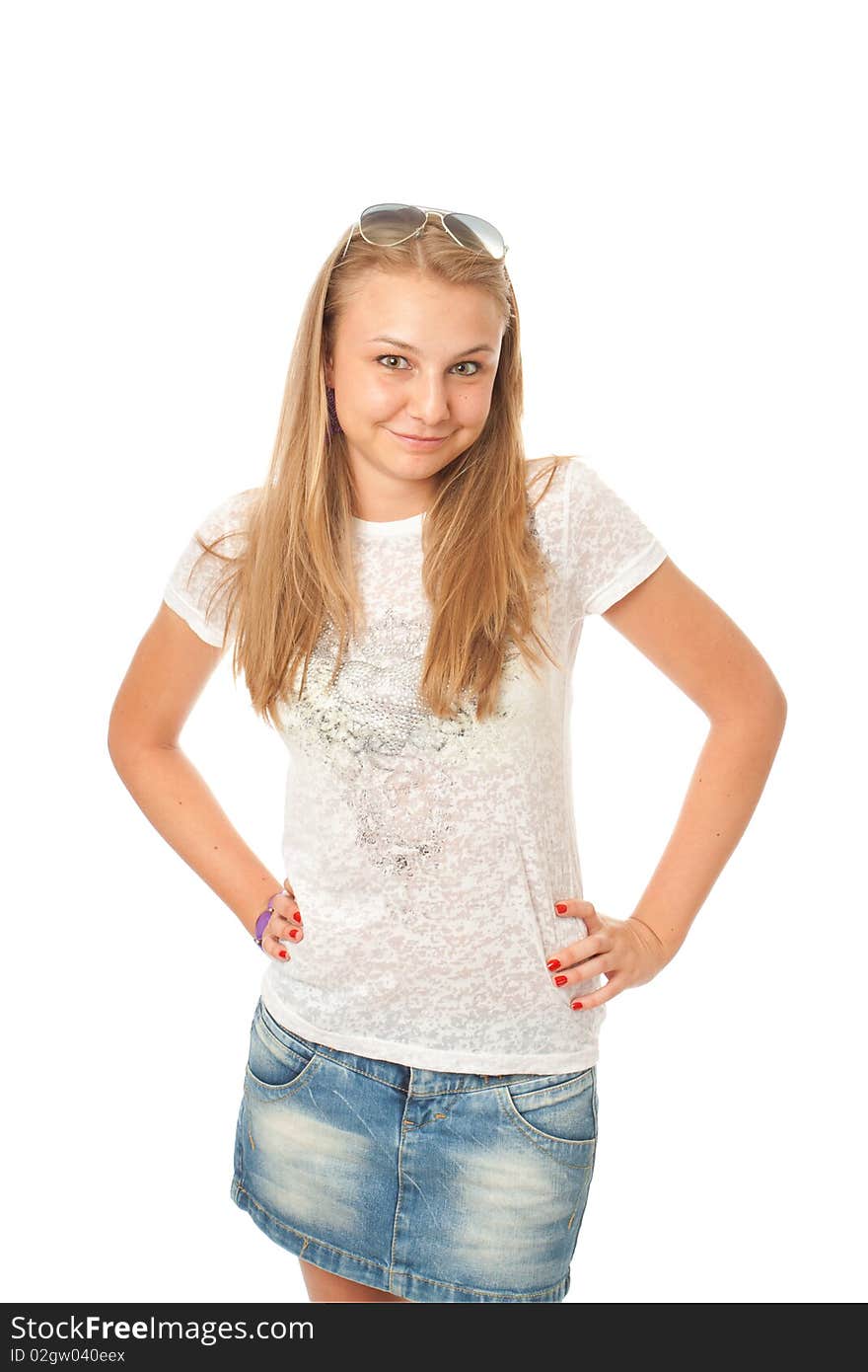 The young beautiful girl isolated on a white