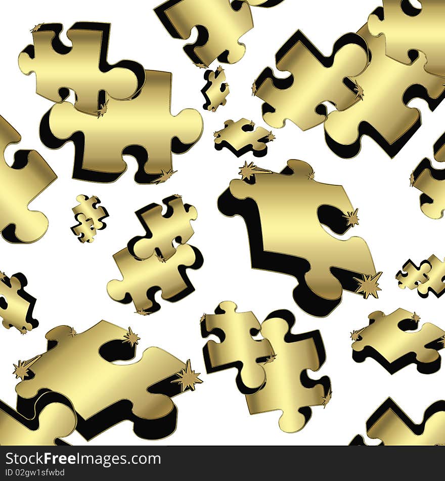 Gold puzzle pieces isolated on white background.