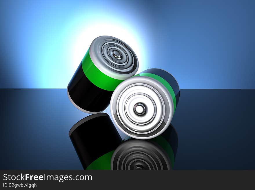 Two battery in 3d with light effect at the background