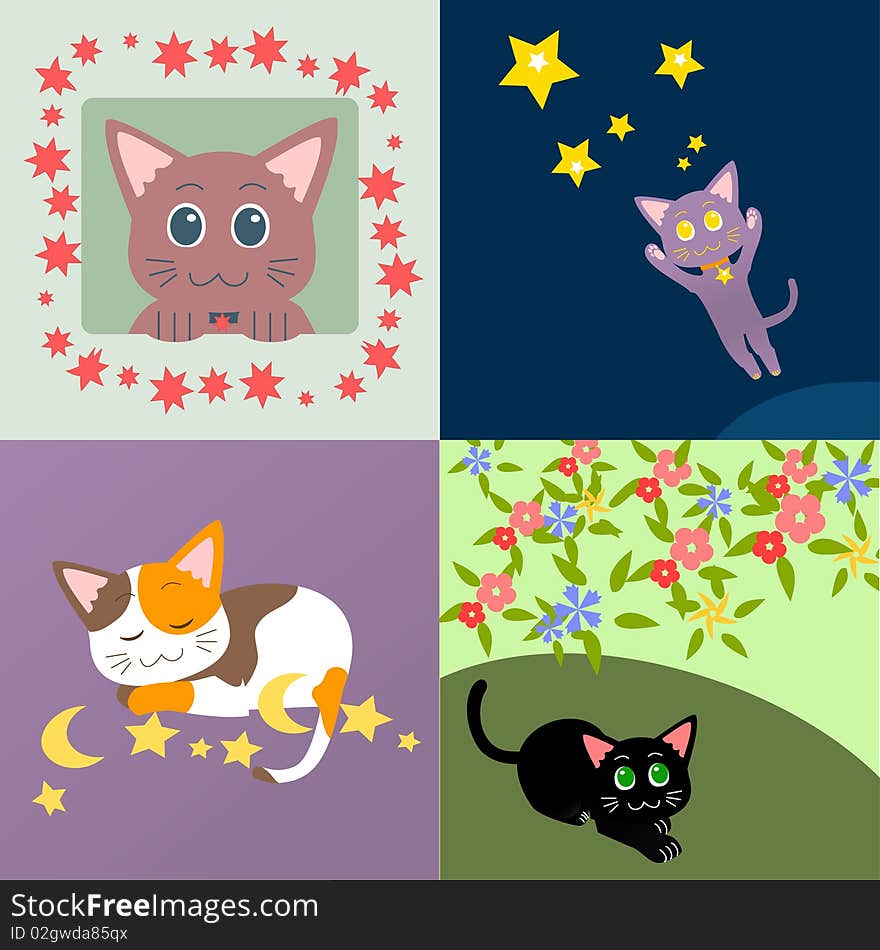 Set of decorative cats - jumping, sleeping, curious. Set of decorative cats - jumping, sleeping, curious