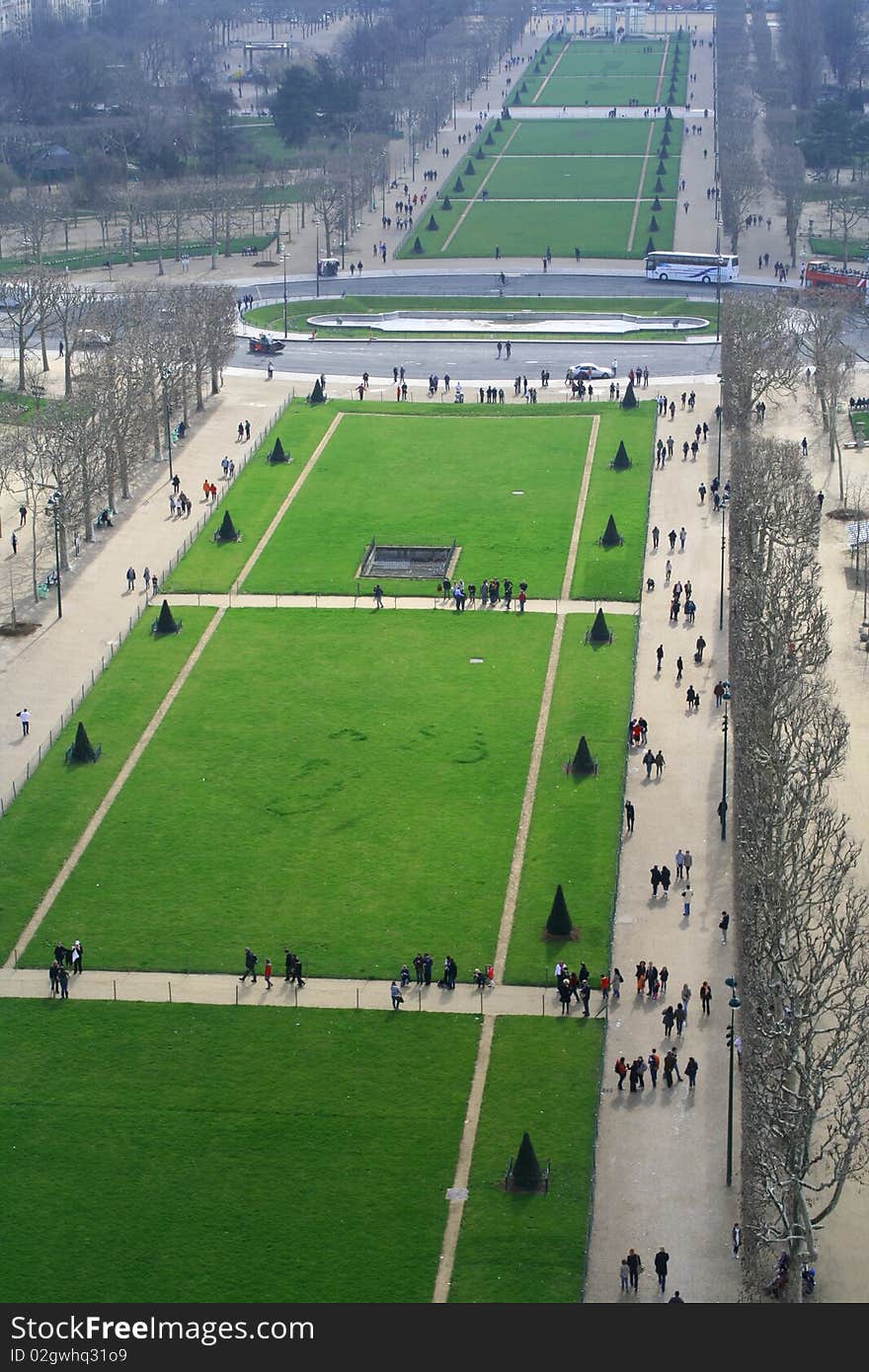 The gardens below the Eiffel Tower. The gardens below the Eiffel Tower