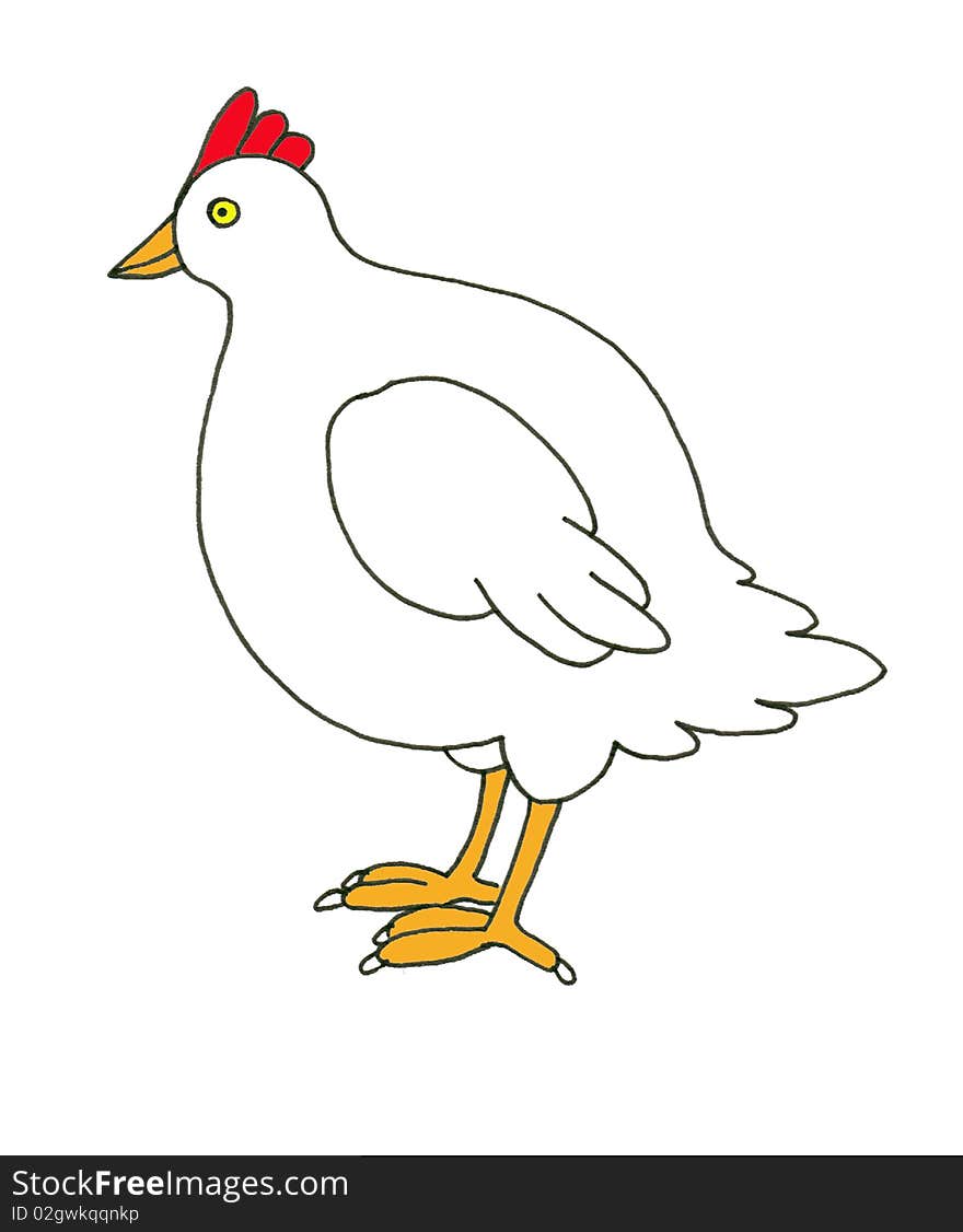 A simple line drawn and colored white hen. A simple line drawn and colored white hen