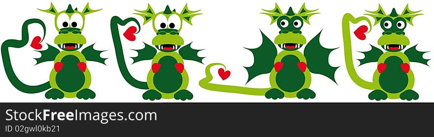 Four funny cartoon love dragons