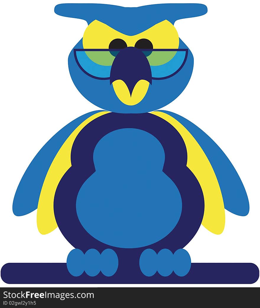 Blue and yellow funny wise owl with glasses