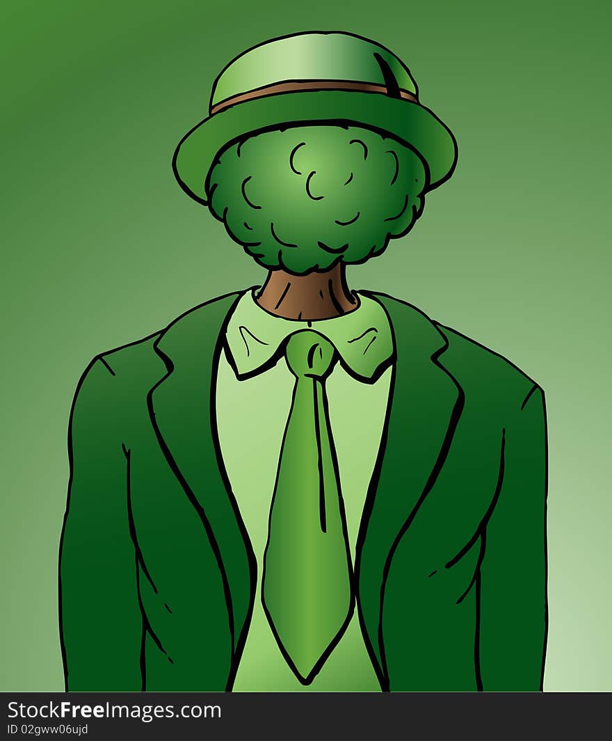 Vector Illustration of a business man with at tree for his face in a green suit and tie wearing a green hat. Vector Illustration of a business man with at tree for his face in a green suit and tie wearing a green hat.