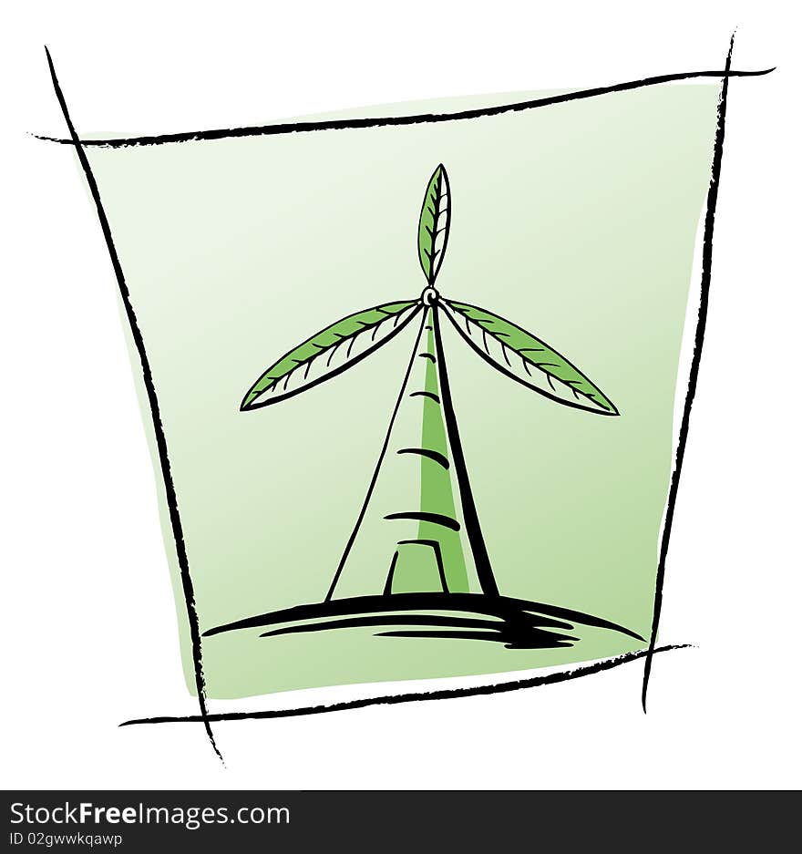 Vector illustration of turbine or windmill with green leaves in place of the blades. Vector illustration of turbine or windmill with green leaves in place of the blades.