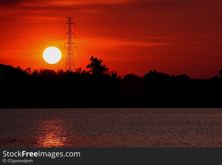 Image of sunset with tree silhouette.