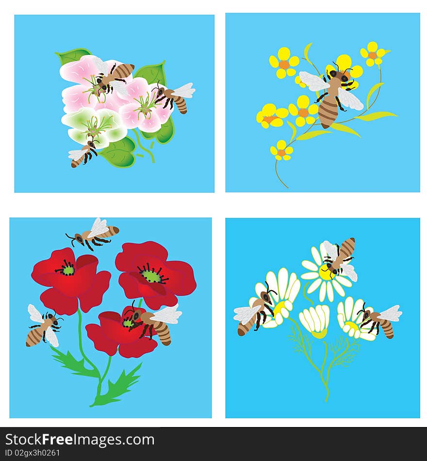 Set of cards with bees and flowers