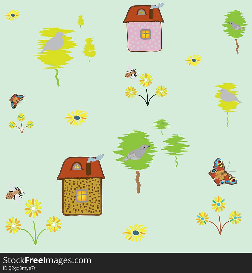 Seamless pattern with house, trees, birds and insects. Seamless pattern with house, trees, birds and insects