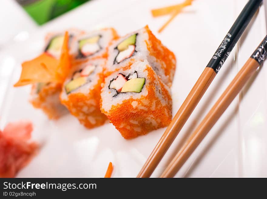 California roll on plate, close-up