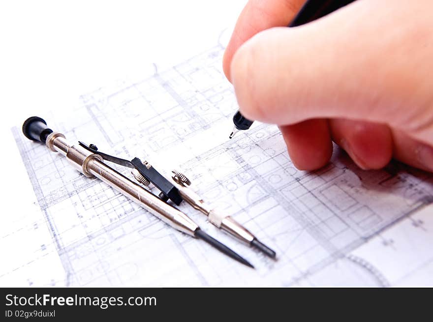 A closeup view of an architect's drafting table. A closeup view of an architect's drafting table