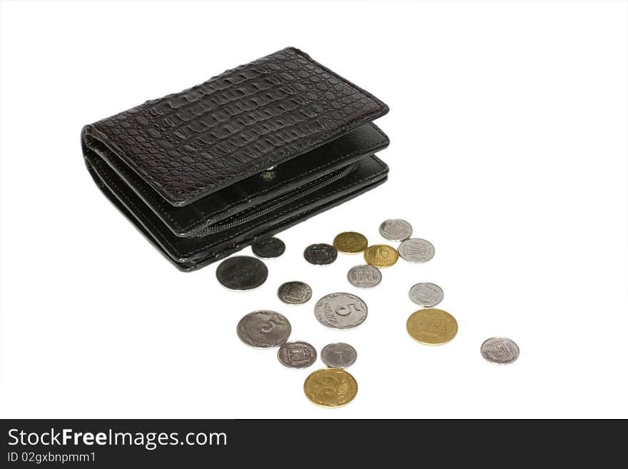 Black crocodile leather wallet with coins. Black crocodile leather wallet with coins