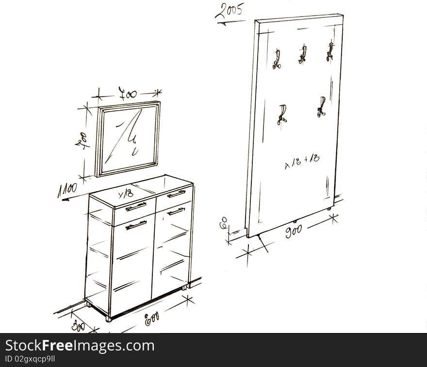 Modern Interior Design Freehand Drawing.