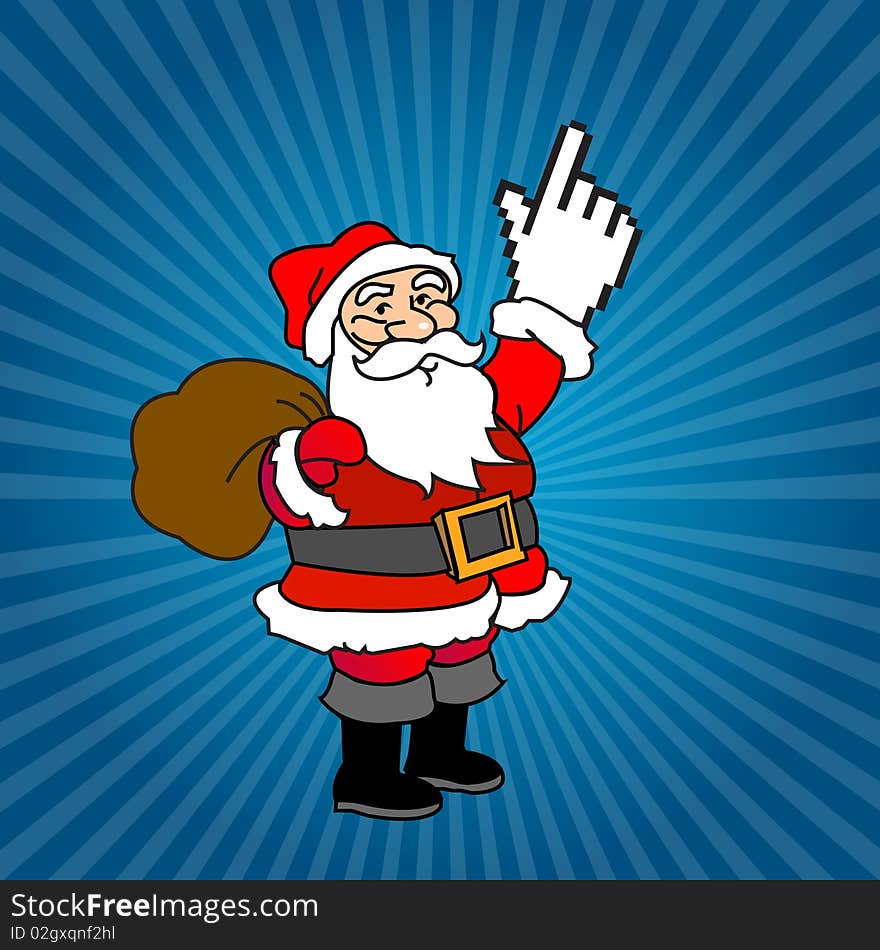 Santa claus cartoon illustration with web cursor as hand related to web gifts. Santa claus cartoon illustration with web cursor as hand related to web gifts