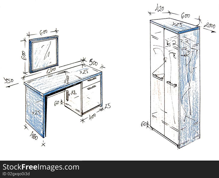 Hand drawn illustration of furniture isolated on white. Hand drawn illustration of furniture isolated on white.