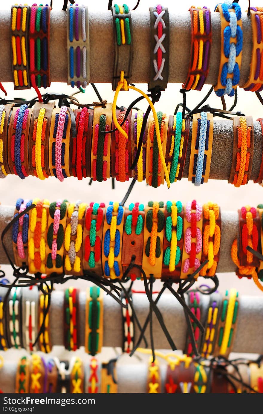 Many colorful bracelets at the souvenir market