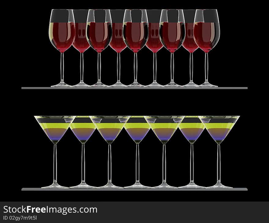 Red Wine and Martini glasses on the shelf isolated