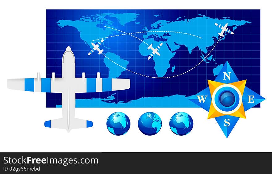 Travel illustration plane on map. Travel illustration plane on map