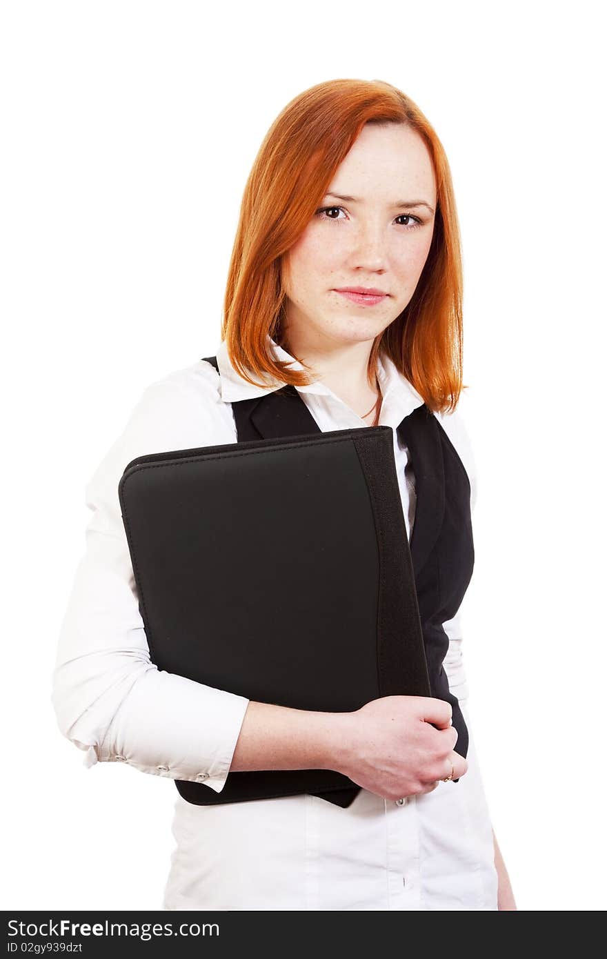 Girl with folder isolated on white