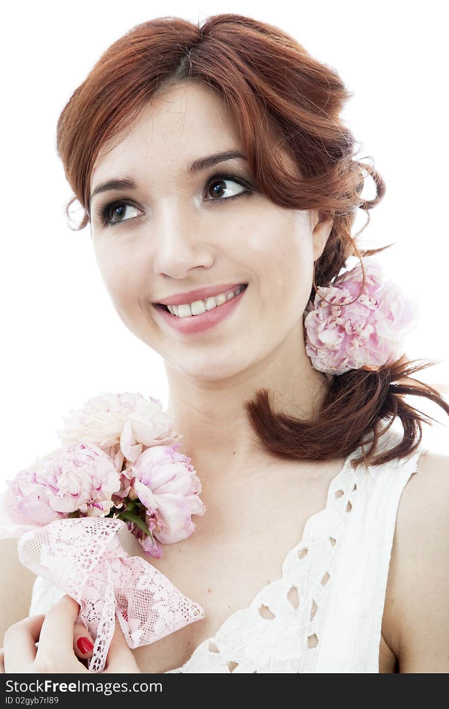 Girl with peony isolated on white