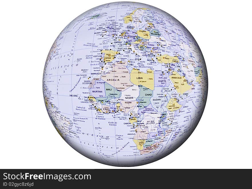 This image depicts a globe, on a white background. This image depicts a globe, on a white background