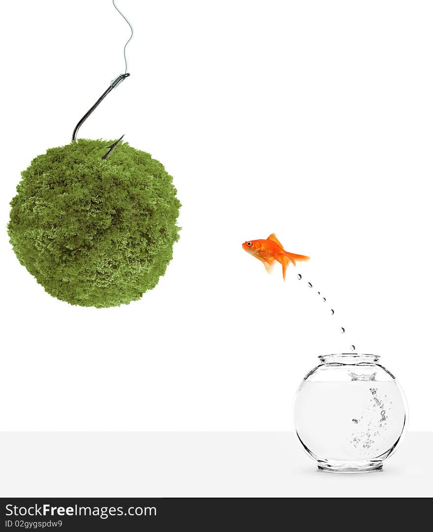 Goldfish Leaping Towards Green Planet Bait