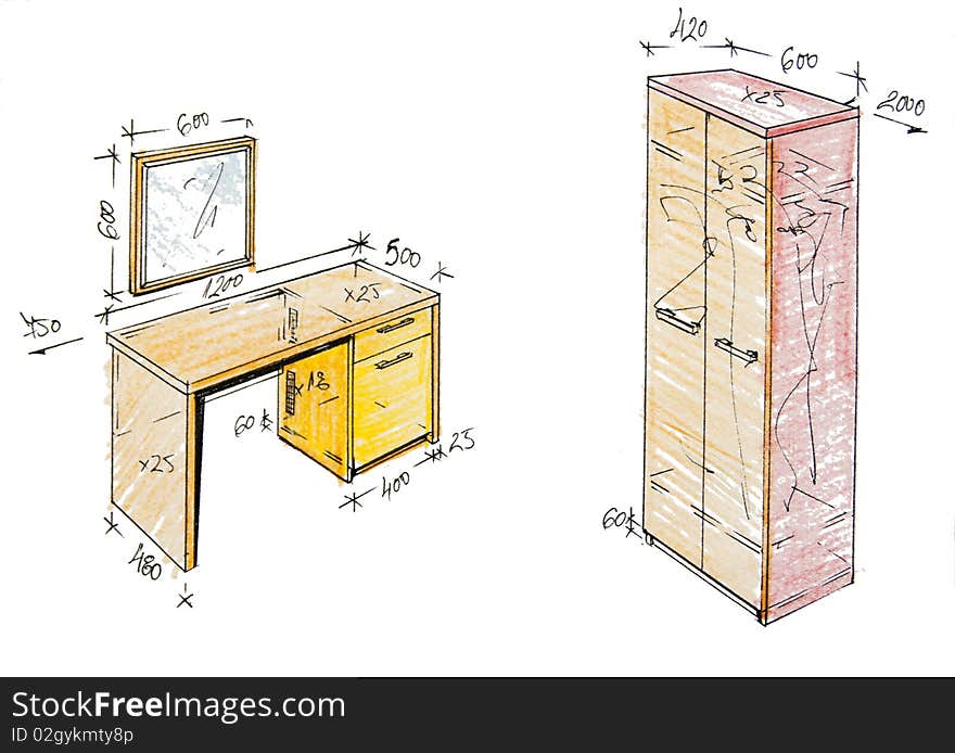 Modern Interior Design Freehand Drawing.