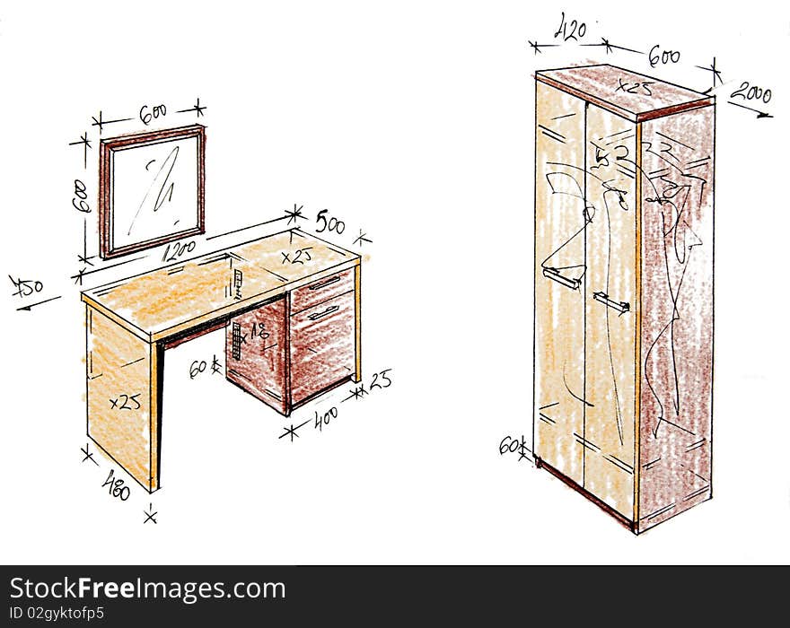 Modern Interior Design Freehand Drawing.