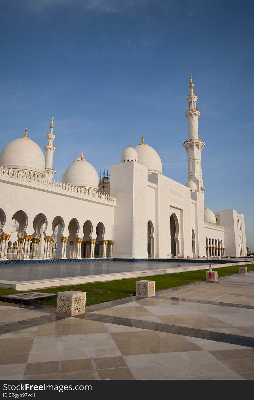 A view of the exterior of a mosque. A view of the exterior of a mosque