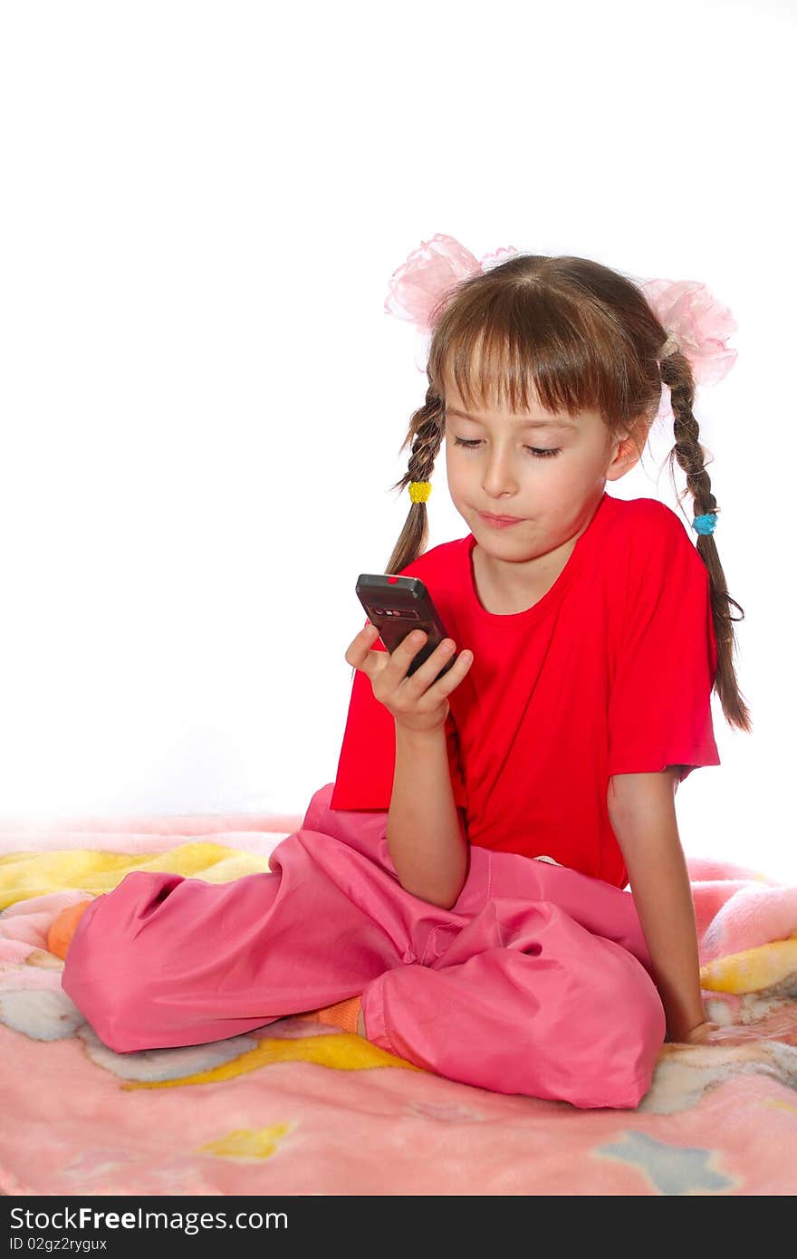 The Girl With Phone On A White Background