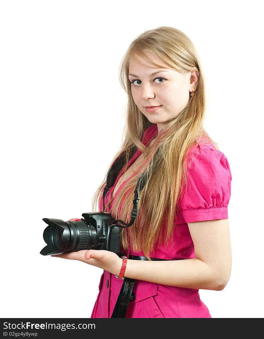 Young girl with camera. Isolated over white background