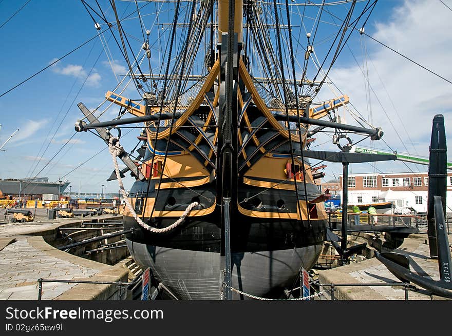 A portrait of the h.m.s victory 
at portsmouth in england. A portrait of the h.m.s victory 
at portsmouth in england