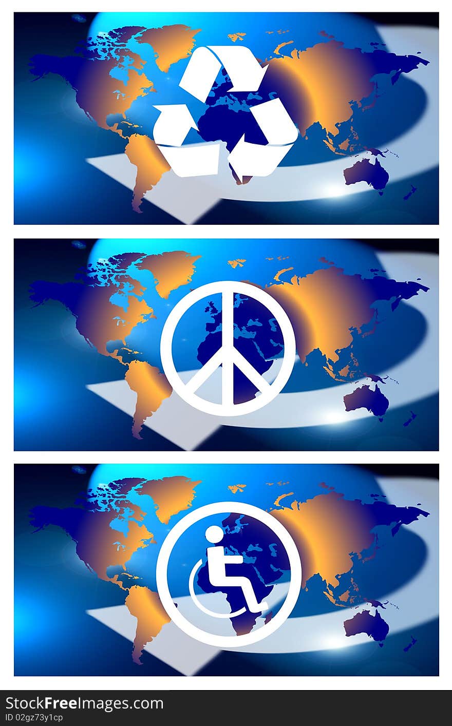 An image showing the world globe showing the earth in flat form. The image is for the concept of global recycle, world peace and handicap and has an recycle, peace, and handicap symbols over the planet image. This concept focuses on all the globe with America on the left, Europe in the middle and on the left the  far east  with china, India and Australia and New Zealand. This image is shown as a set of three images on one sheet. An image showing the world globe showing the earth in flat form. The image is for the concept of global recycle, world peace and handicap and has an recycle, peace, and handicap symbols over the planet image. This concept focuses on all the globe with America on the left, Europe in the middle and on the left the  far east  with china, India and Australia and New Zealand. This image is shown as a set of three images on one sheet.