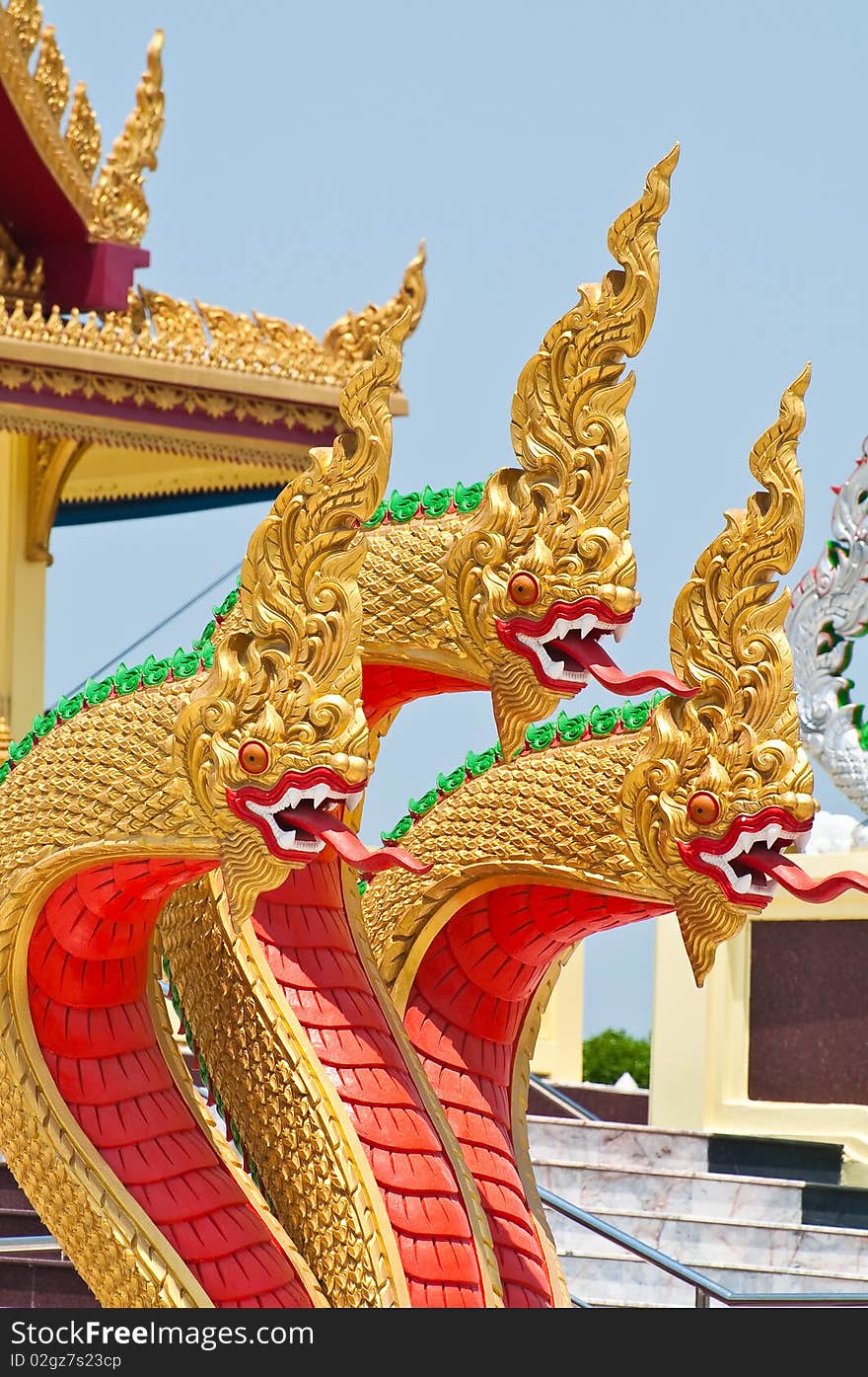 Three heads Naga Statue in thailand.