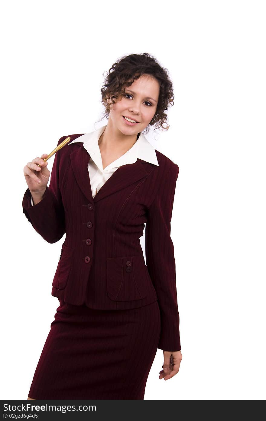 Whole-length portrait of business woman with brown hair is standing. Brunette businesswoman dressed in red suit. Isolated over white background.