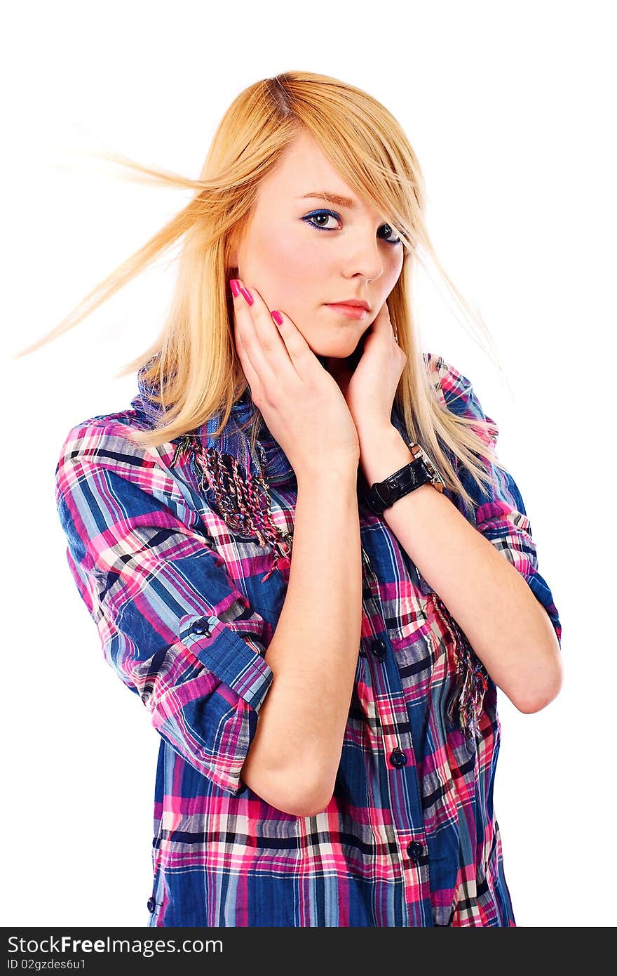 Young blond woman on white background. Young blond woman on white background