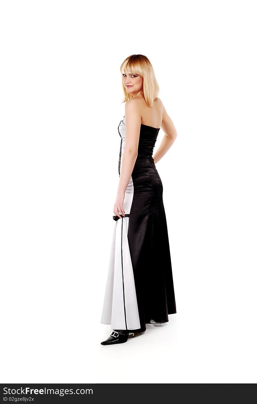 Beautiful blonde in a long black-and-white dress. Beautiful blonde in a long black-and-white dress