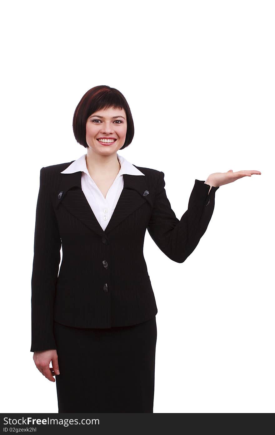 Busnesswoman something on her hands. Young friendly smiling business woman presenting something. Photo of showing female, isolated on white. Busnesswoman something on her hands. Young friendly smiling business woman presenting something. Photo of showing female, isolated on white.