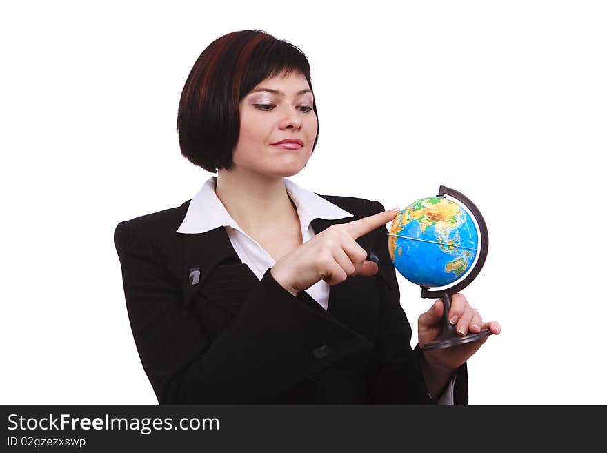 Businesswoman holding Earth globe in a hand, isolated on white. Attractive business woman holding a miniature globe. I'll give you the World. Businesswoman holding Earth globe in a hand, isolated on white. Attractive business woman holding a miniature globe. I'll give you the World.