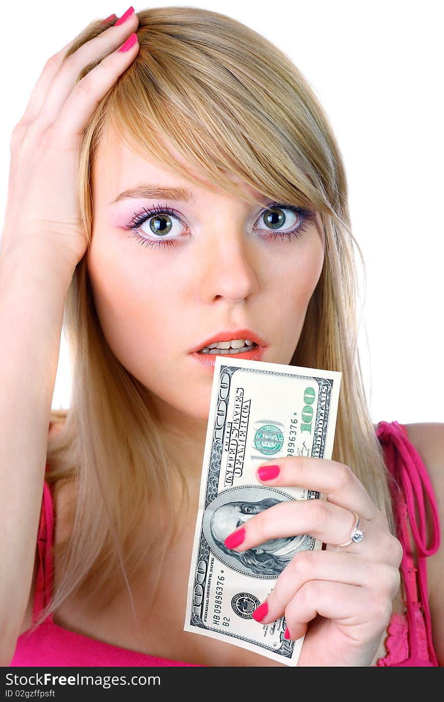 Woman holding money, shot on white background