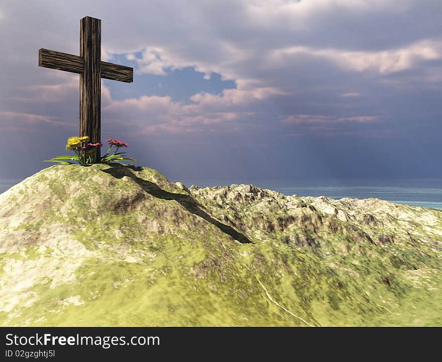 A cross on a mountain top with flowers. A cross on a mountain top with flowers