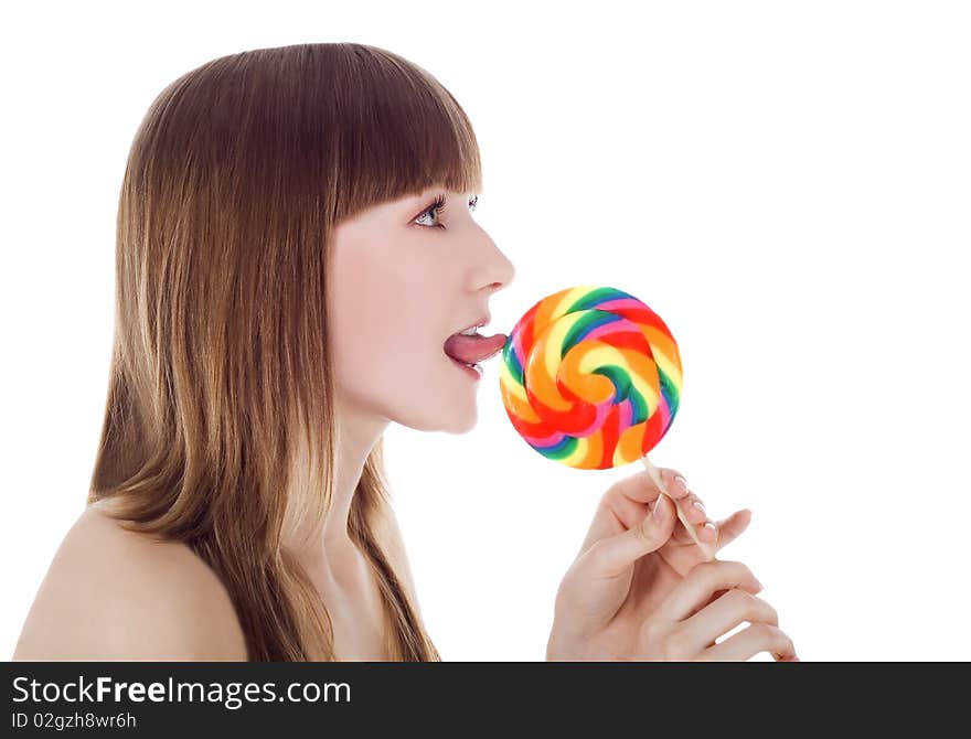 Bright picture of happy blondie with color lollipop. Bright picture of happy blondie with color lollipop