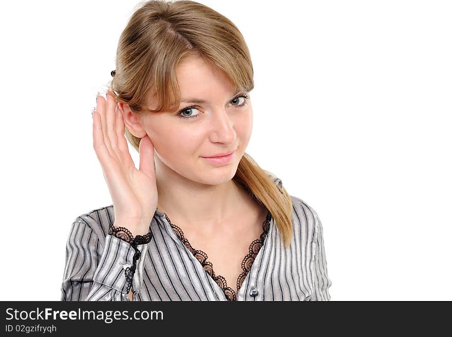 Young woman listening gossip on a white background